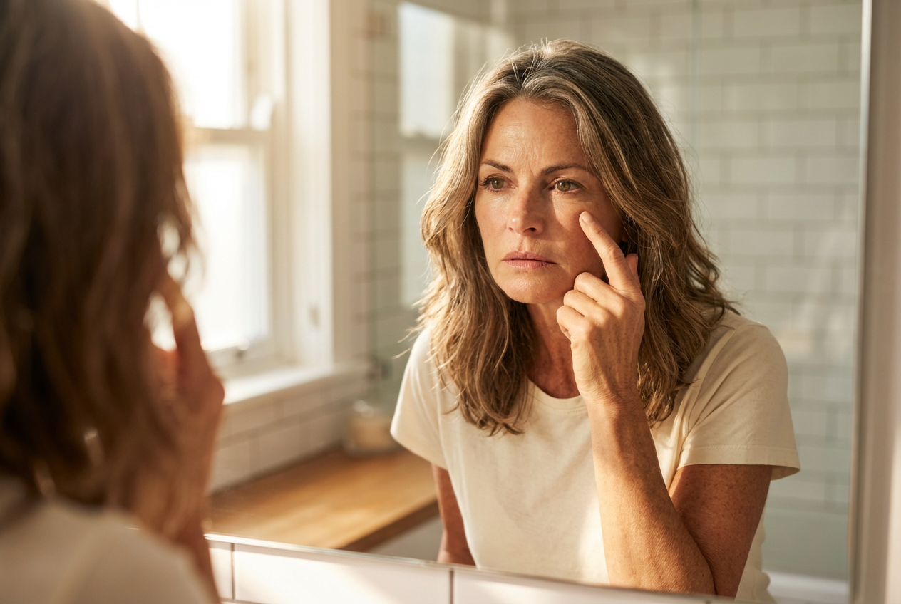 Woman looking at reflection in bathroom mirror, touching under her eye
