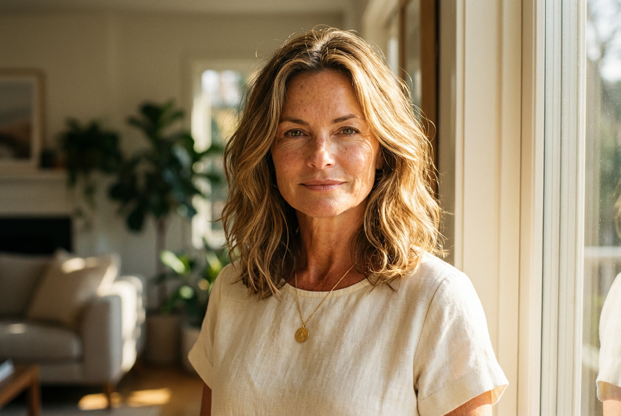 Woman standing in natural sunlight, calm and confident expression