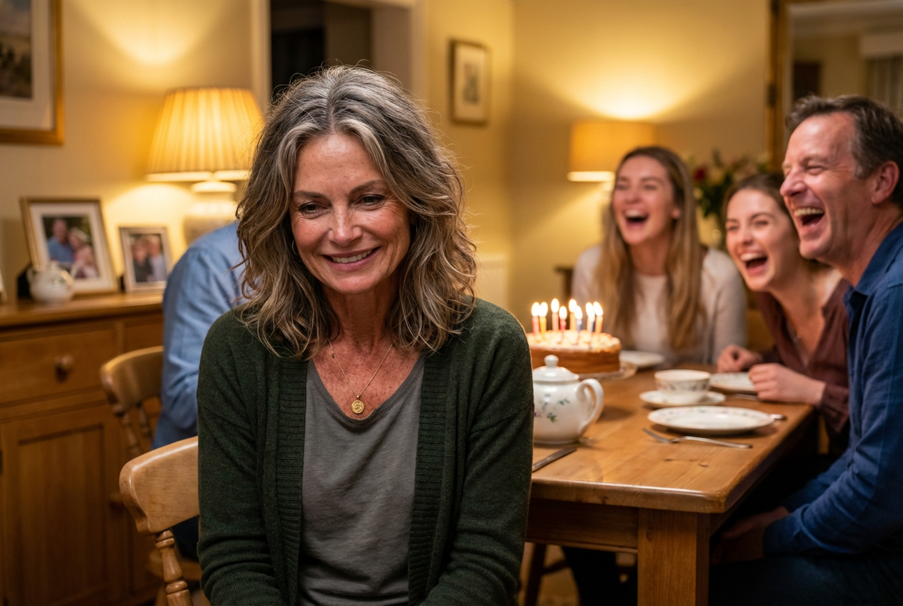 Family birthday dinner, woman with forced smile while family laughs around her