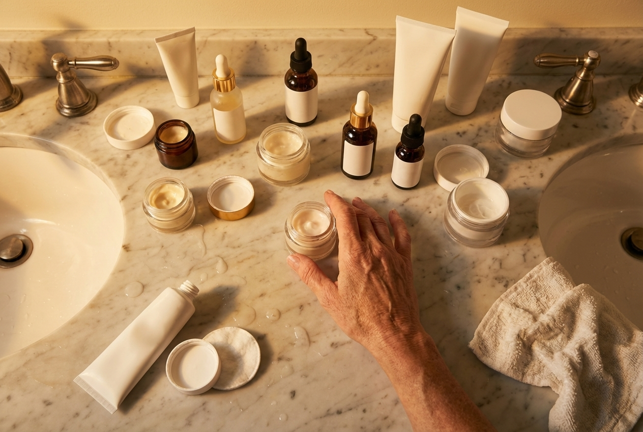 Bathroom counter covered with various skincare products