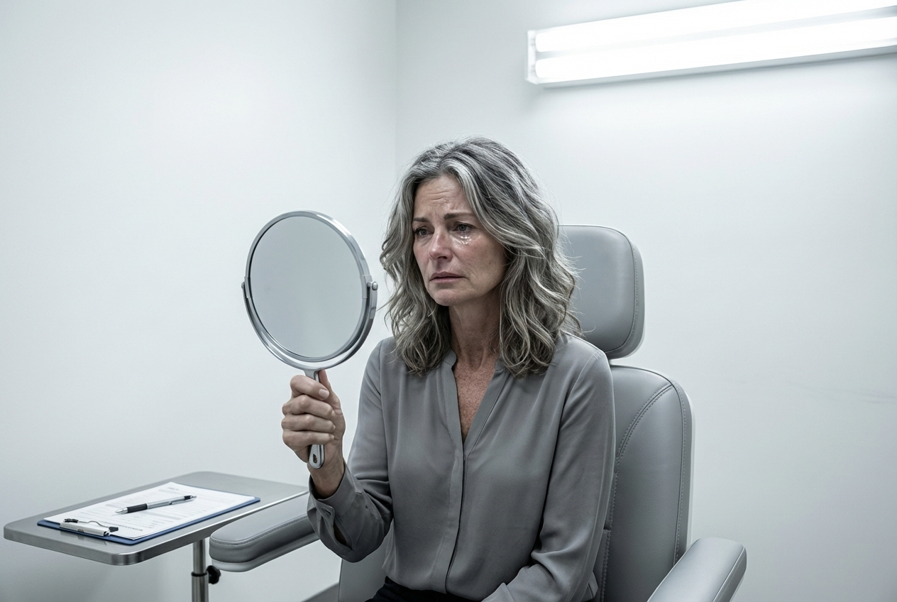 Woman in clinical consultation room looking into handheld mirror