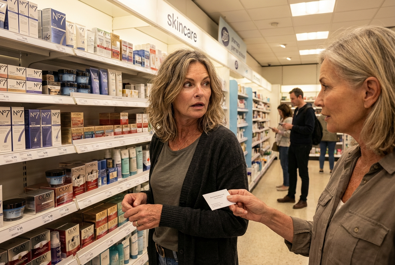 Two women in Boots pharmacy aisle, older woman handing over a card