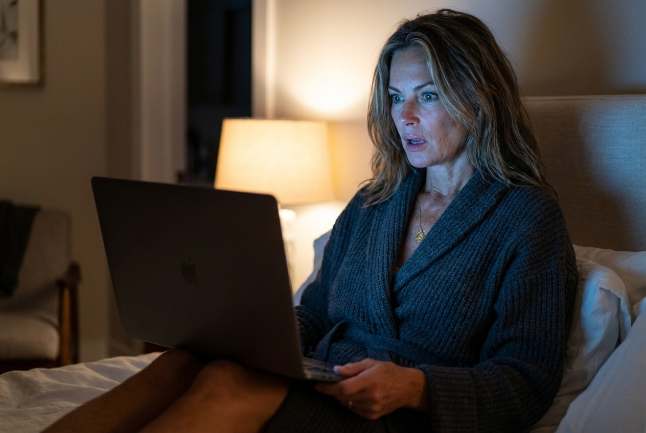 Woman sitting in bed at night with laptop, expression of revelation